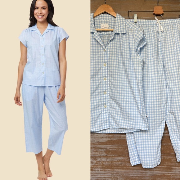 The Cat’s Pajamas Luxe Cotton Capri Pajama Set Blue Gingham Lounge Womens L - Picture 1 of 8